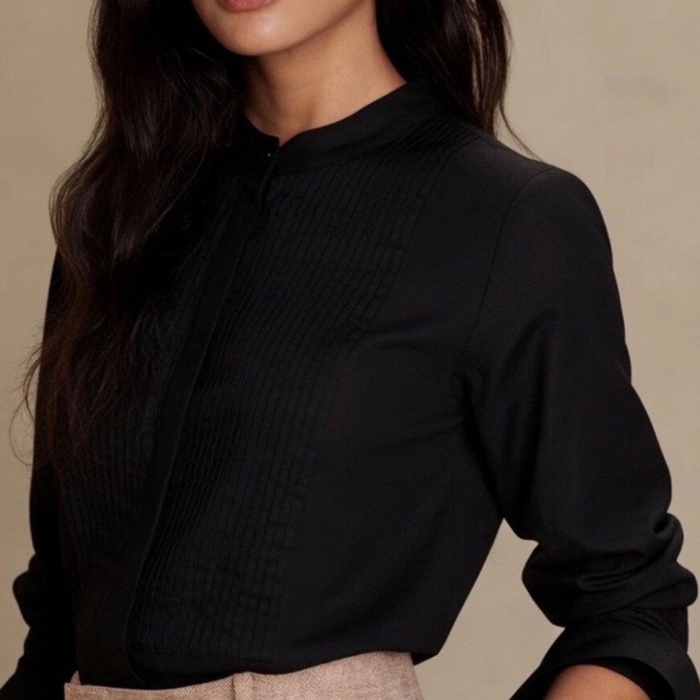 Banana Republic Factory Black Linen-Blend Tuxedo Shirt, Small, Minimalist Casual - Picture 2 of 8